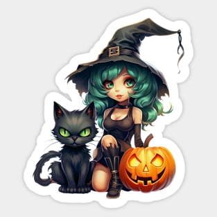 Halloween Witch Black Cat and Pumpkins Sticker